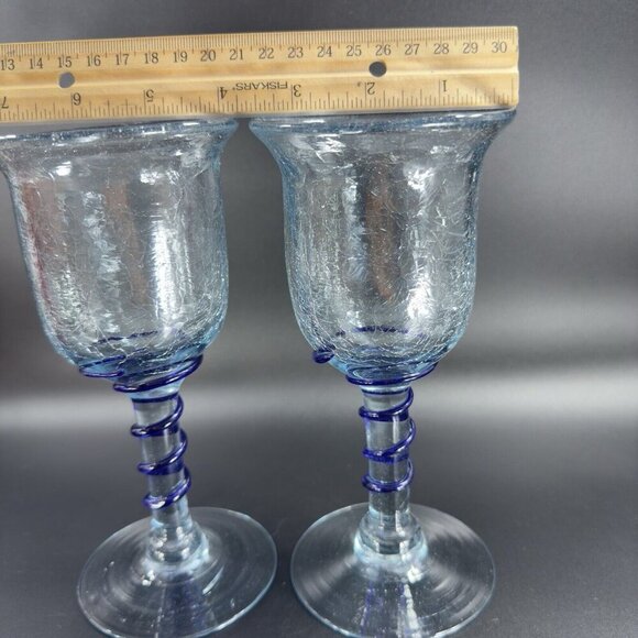 Hand Blown Crackle Glass Goblet Drinking Glasses Set 2 Clear Blue Swirl Goblets - Picture 4 of 12